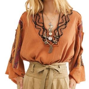 Free People Top w/ Embroidered Sleeves